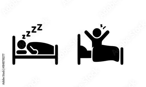 Sleeping and waking up routine icon set, person resting in bed with snoring symbols and morning wake up stretch silhouette, daily lifestyle habits vector illustration isolated on white background