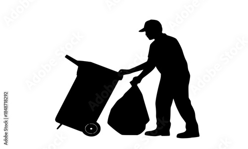 Sanitation worker silhouette pushing garbage bin and holding trash bag, waste management professional in uniform and cap, janitor or refuse collector vector icon 