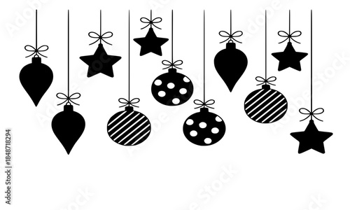 Hanging Christmas baubles and stars silhouette border, black festive holiday ornaments with ribbons and bows, Xmas decoration elements for winter headers and greeting cards