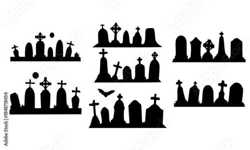Spooky graveyard silhouette set with tombstones, cemetery headstones, and crosses, black vector icons of burial grounds with bats and moon for Halloween decor