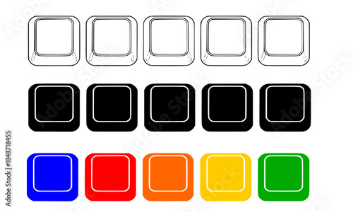Set of blank computer keyboard key icons in white, black, and multi-color styles, vector mechanical keycap buttons for UI design, gaming icons, and custom keyboard layouts, isolated 3D isometric flat 