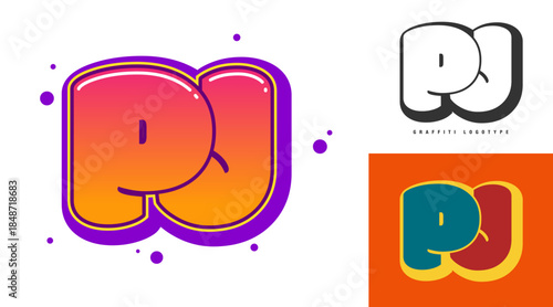PJ logo design for festival or party. Initial letter p and j in graffiti style. Creative modern lettering company name of font typography. Kids trendy logotype or identity.