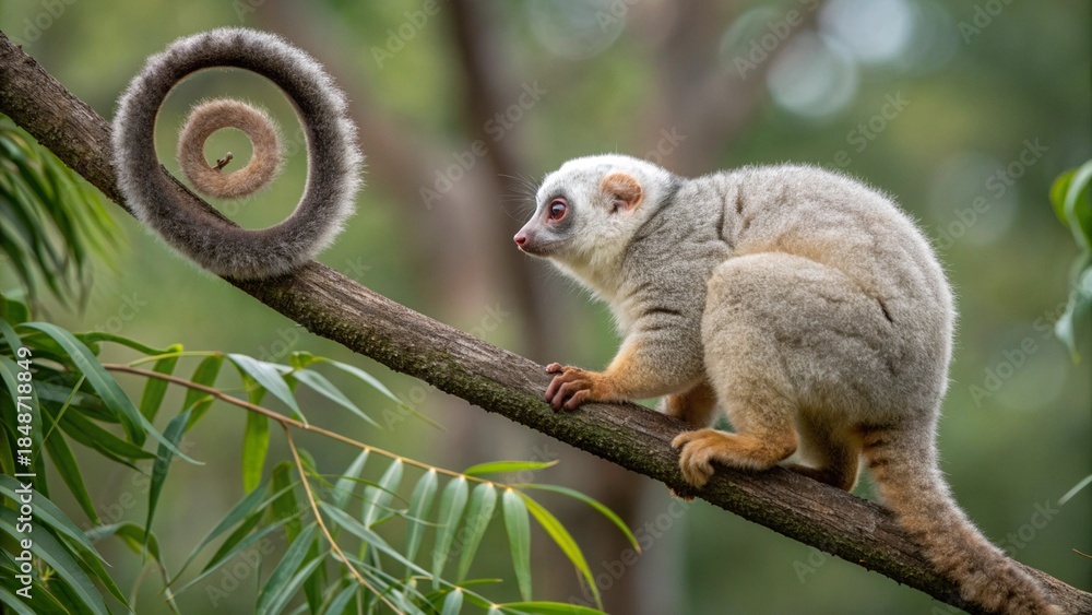 Obraz premium Lemur perched on tree branch with curled tail
