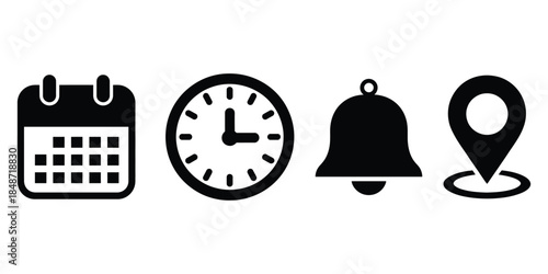 Minimalist UI Icon Set for Schedule Planning, Time Management, and Location Navigation