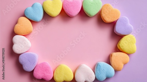 Colorful Heart-Shaped Marshmallows Forming a Circular Frame on Pink Gradient Background for Romantic, Festive, or Confectionery Design Themes