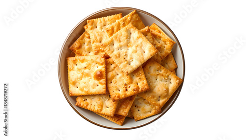 A close-up, overhead shot of a bowl filled with golden-brown, square, baked snacks. The bowl is ceramic