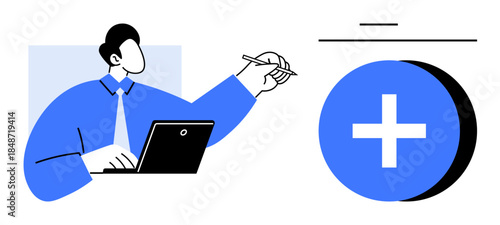 Growth concept. Growth by a professional working on a laptop alongside a plus symbol. Growth fostering progress, improvement, and success. For business presentations, teamwork, coaching, innovation