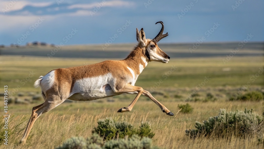 Obraz premium Pronghorn antelope running freely in open grassland landscape
