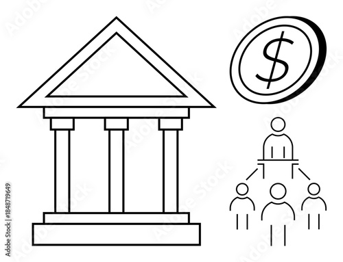 Financial institutions, monetary transactions, wealth management, organizational structure, business operations, and banking system. Classical building, dollar coin people hierarchy. Banking system