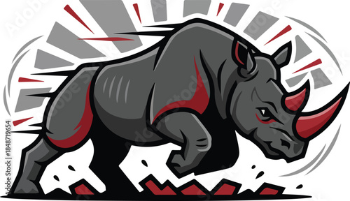 Charging Rhino Mascot with Red Accents and Dynamic Motion.