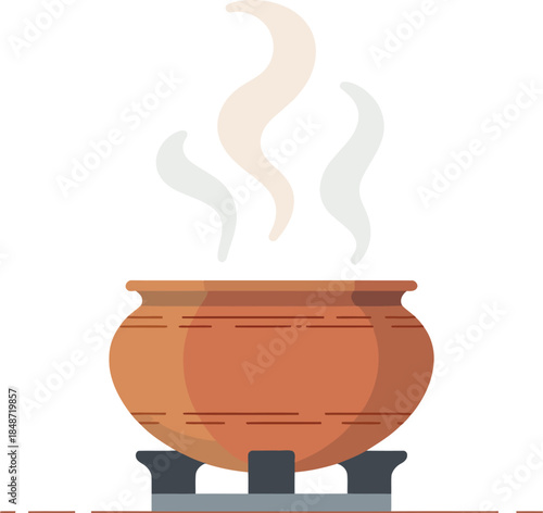 Clay pot cooking on gas stove with wisps of steam rising, culinary concept, isolated on checkered background.