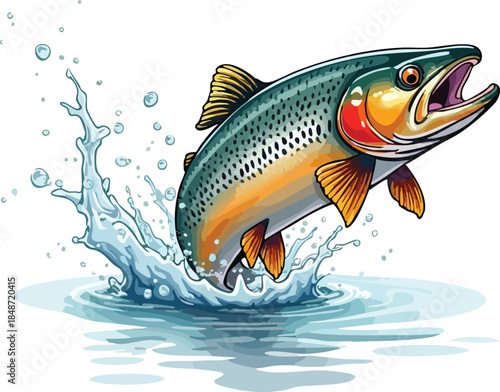 Goldfish jumping out of water in blue aquatic scene vector illustration.