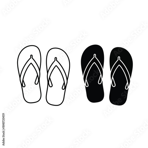 Flip Flops Icon Set: Simple Clean Vector Illustration, Black and White Outline & Solid Black, Ideal for Summer Beach Casual Footwear Themes