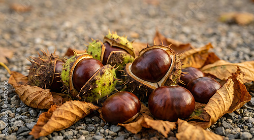 Autumn horse chestnuts with green prickly shells and shiny brown nuts scattered on dry fallen leaves and gravel ground, seasonal nature harvest concept