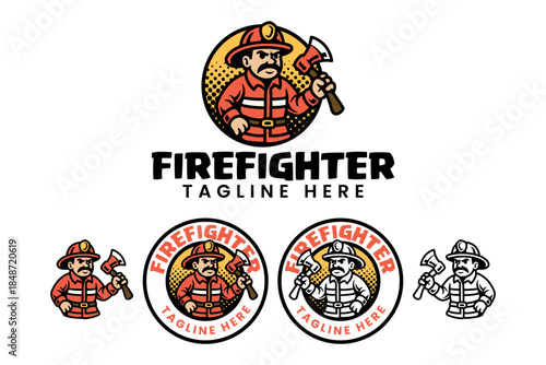 Firefighter holding axe retro cartoon character illustration set for rescue team merchandise. Fireman mascot vector design for safety identity. Fire rescue, brigade member for protector service brand