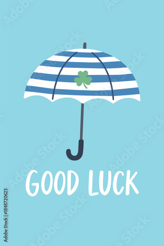 Good Luck Concept with Blue Striped Umbrella and Green Shamrock Clover Icon on Light Blue Background Vector Art