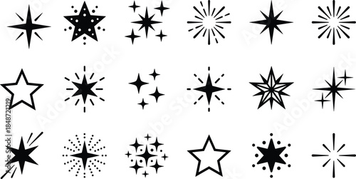 Star and sparkle icon collection with decorative shining symbols, twinkling elements, and celestial accents in black vector illustration set