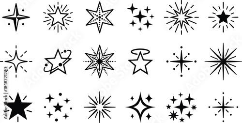 Star and sparkle icon collection with decorative celestial symbols, shining elements, twinkling accents, and stylized star designs in black vector set