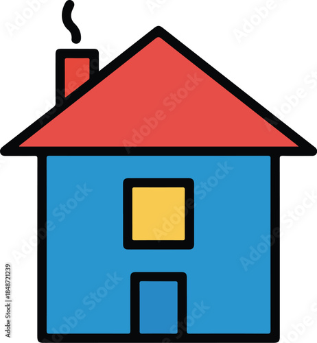 Colorful House Illustration with Red Roof and Blue Walls.