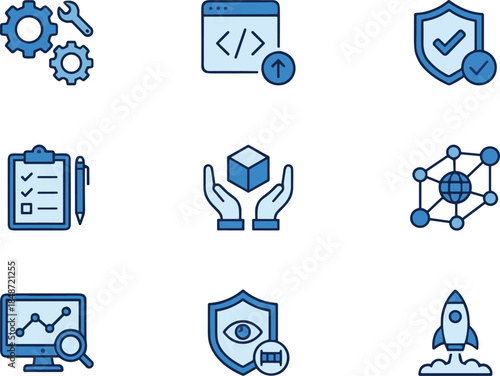 Technology and development process icons including configuration, coding, security, documentation, product handling, networking, monitoring, privacy protection, and innovation vector set