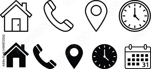 User interface icons including home, phone, location, time, and calendar in outlined and filled styles for app and digital navigation design