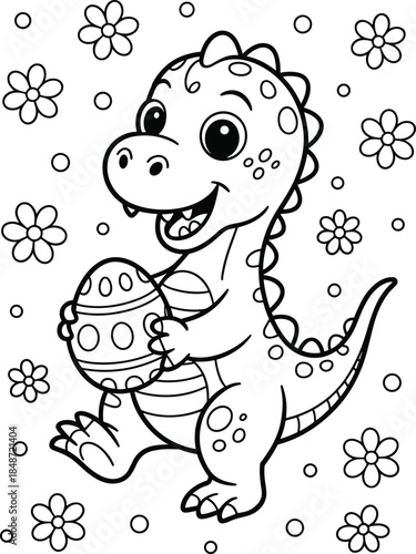 Easter Dinosaur Holding Decorated Egg with Flowers and Circles Coloring Page vector illustration