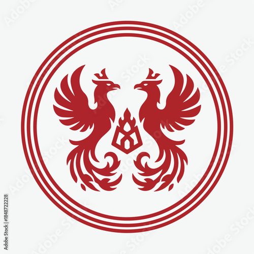 Crimson Phoenix Emblem Symmetrical Birds with Central Symbol in Circle.