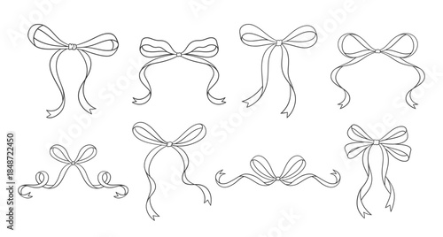 Coquette bows set. Black thin line drawings. Hand drawn simple vintage tied ribbon. Wedding, birthday gift sketch in retro style. Cute girly hairstyle accessories, vector illustration. Doodle lace.