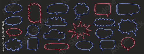 Crayon speech bubbles set. Chat talk boxes. Line drawn colorful chalk frames. Kid doodle pencil drawing, dialogue balloon cloud. Thought elements on black background. Vector illustration
