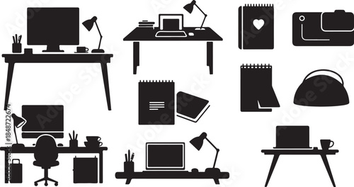 Modern office workspace icons with desks and gadgets
