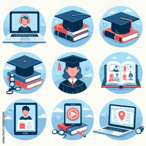 Vector set of 8 Online education icons (laptop, graduation cap, book), flat vector illustration, modern academic style