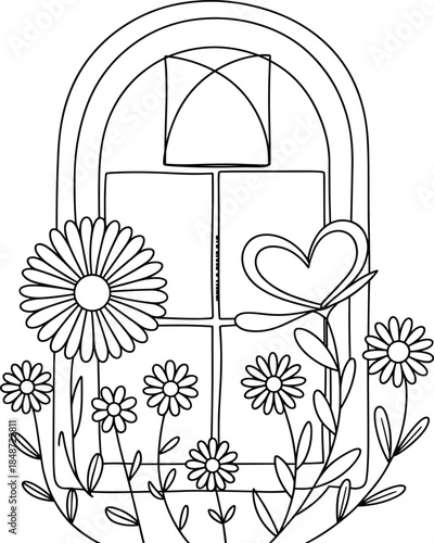 Outline Drawing of a Window with Flowers and a Heart Shaped Butterfly illustration