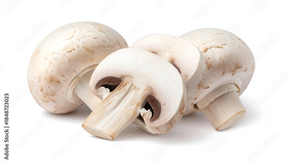 Fototapeta premium Fresh white button mushrooms, whole and sliced, against a clean white background