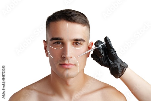 Man receiving cosmetic treatment in a clinical setting with facial markings