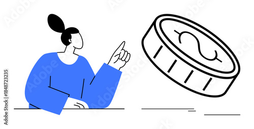 Person in blue pointing towards a large dollar coin, symbolizing financial planning, investment, decision-making, savings, wealth growth, business strategy, and budgeting. A simple flat metaphor