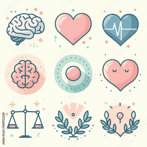 Vector set of 8 Mental health icons (brain, heart, balance), flat vector illustration, soft pastel colors