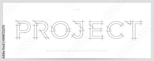 Architecture Project Font Logo Alphabet Vector Blue Print Letters Set Modern Architectural Typography, Technical Scheme Typographic Design for Architect Title Text Poster Headline. Vector Typeface