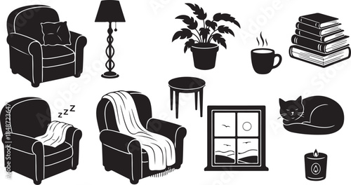 Cozy home interior with cat and comfortable furniture