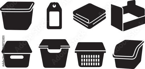Black icons of various containers and baskets