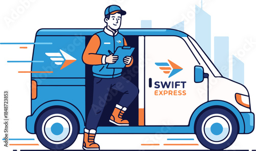Delivery Driver Stepping Out of Swift Express Van with Clipboard.
