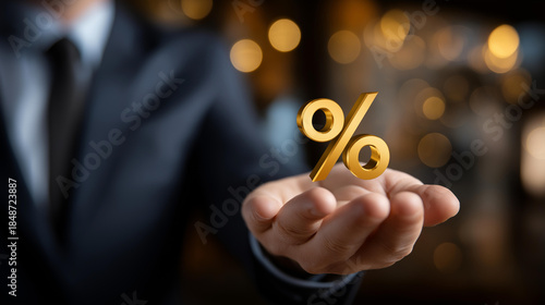 Faceless businessman's hand holding symbol percentage with blur gold shop background, concept of systems of raising or lowering Fed interest rates to correct inflation, defocused hand, with copy