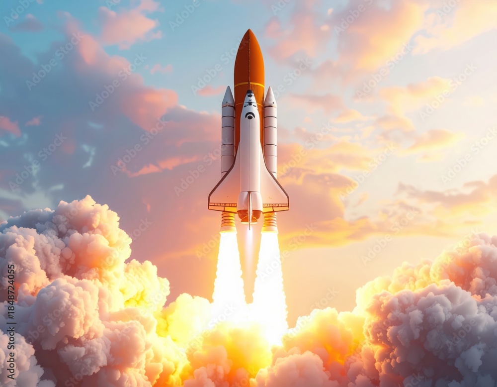 Fototapeta premium Rocket Launching into Sky with Smoke and Clouds Space Exploration