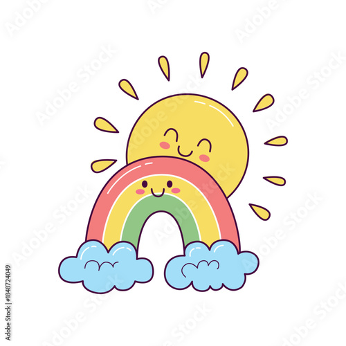 Cute sun with rainbow and clouds illustration in hand drawn kawaii style