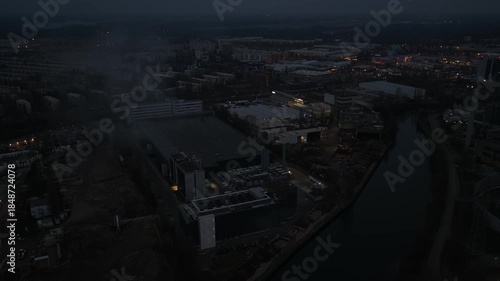Berlin 1 Data Center at Night with Aerial Drone View