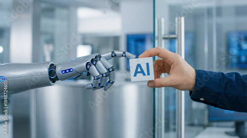 Hopeful ai and human collaboration trend for future. Robot and person hands connecting for technological progress