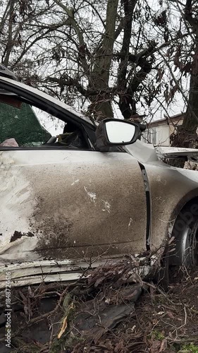 A passenger car sustains extensive damage after a serious traffic accident. The car crashed into a tree on the side of the road, completely destroying the front end, shattering the windshield,