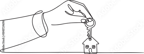 Continuous line drawing of a hand holding a house key for real estate and home ownership