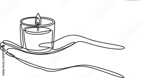 Continuous line drawing of hands holding burning candle in glass jar