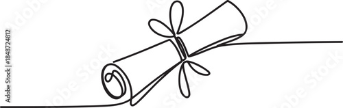 Continuous line drawing of rolled diploma tied with ribbon bow