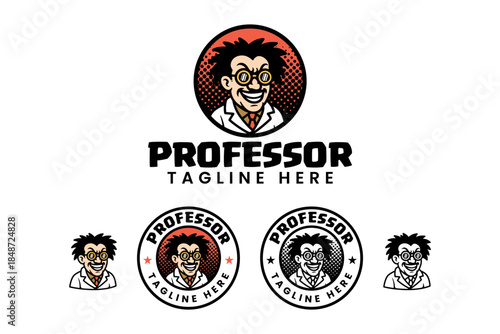 Professor scientist retro cartoon character illustration for education. Mad scientist mascot vector for studying club. Researcher professor head mascot character vector for school academic branding